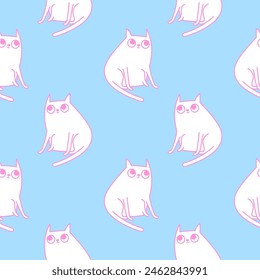 Patrón sin fisuras con gato divertido. Ilustración azul y rosa con gatito adorable. Fondo de Vector para su tela, diseño textil.