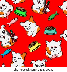 seamless pattern funny cat  cartoon pet,  kitty, kitten, doodle, with red background