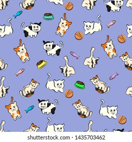 seamless pattern funny cat  cartoon pet with modern background,  kitty, kitten, doodle, for your print holiday fabric