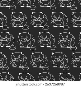 Seamless pattern with funny cat. Dark background. Outline drawing. Monochrome