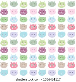 Seamless pattern funny cat face pink lilac blue green gray pastel colors isolated on white background.  simple ornament, Can be used for Gift wrap, fabrics, wallpapers. Vector