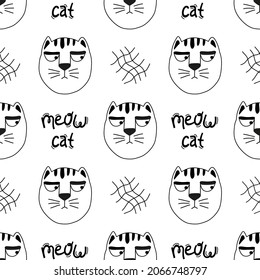 Seamless pattern with funny cat faces in hand drawn style. Outline hand drawing. Creative childish texture. Great for fabric, textile. Isolated on white background vector