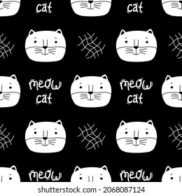 Seamless pattern with funny cat faces in hand drawn style. Outline hand drawing. Creative childish texture. Great for fabric, textile. Isolated on black background vector