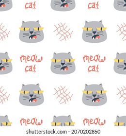 Seamless pattern with funny cat faces in hand drawn style. Creative childish texture. Great for fabric, textile. Isolated on white background vector illustration