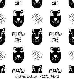 Seamless pattern with funny cat faces in hand drawn style. Outline hand drawing. Creative childish texture. Great for fabric, textile. Isolated on white background vector illustration