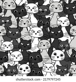 Seamless pattern with funny cat faces. Creative childish texture in grey, black, and white. Great for fabric, textile Vector Illustration