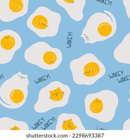 Seamless pattern with funny cat and fried eggs on blue background. Hand draw cute cats in doodle style. For textiles, clothing, bed linen, office supplies.