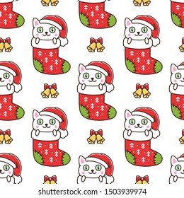 Seamless pattern with funny cat as a gift in Christmas sock, on white background. Excellent design for packaging, wrapping paper, textile etc.