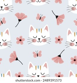 seamless pattern with funny cat heads, flowers, butterflies