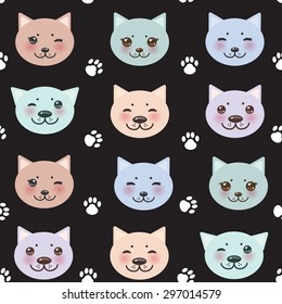 seamless pattern funny cat muzzle and paw prints. Vector