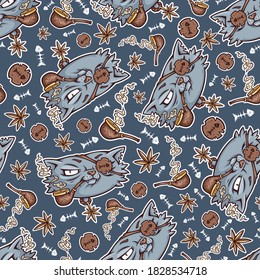 Seamless pattern with funny cat pirate with a smoking pipe. Cartoon texture in pirate style.