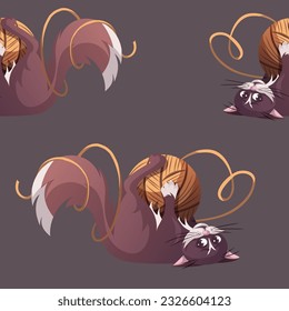 Seamless pattern with funny cat playing with ball of thread. Pet, kitty, domestic life, animal concept. Vector illustration.