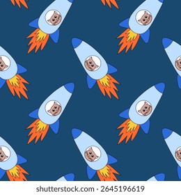 Seamless Pattern with Funny Cat in Rocket. Flat vector Illustration.