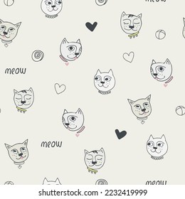 Seamless pattern with funny cat, signature meow and hearts. Perfect for kids. Made of vector illustrations in cartoon, sketch style