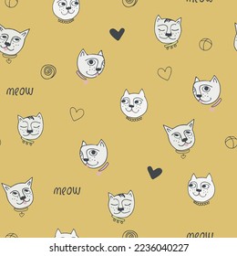Patrón sin foco con gato gracioso, maulas de firma y corazones. Perfecto para los niños. Ilustraciones vectoriales en dibujos animados, estilo boceto