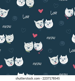 Seamless pattern with funny cat, signature meow and love and hearts. Valentine s day concept. Perfect for kids. Made of vector illustrations in cartoon, sketch style