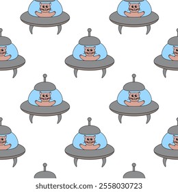 Seamless Pattern with funny cat in UFO spaceship. Flat vector Illustration.