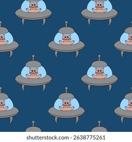 Seamless Pattern with funny cat in UFO spaceship on blue background. Flat vector Illustration.