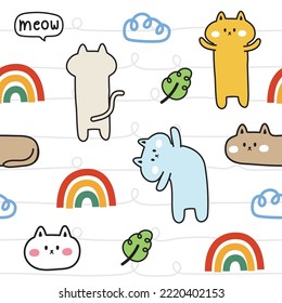 Seamless pattern of funny cat in various on white background.Rainbow,leaf,cloud hand drawn.Image for card,poster,sticker.Kawaii.Vector.Illustration.