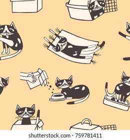 Seamless pattern with funny cat washing itself, eating, sleeping, sitting inside carton box and carrier. Cute cartoon pet animal in various poses hand drawn on yellow background. Vector illustration.