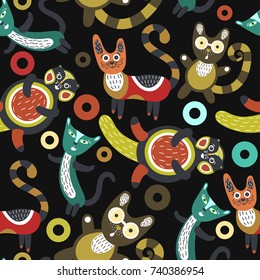 Seamless pattern with funny cats. Artistic background with cute kittens. Colorful animals. Favorite pets. Can be used for wallpaper, textiles, wrapping, card or cover for children. Vector, eps10