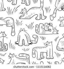 Seamless pattern with funny cats. Background with domestic pets in incomlete cute childrens style. Vector illustration for surface designs, wallpapers, textile and fabrics