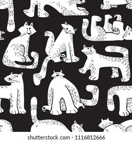 Seamless pattern with funny cats. Background with domestic pets in incomlete cute childrens style. Vector illustration for surface designs, wallpapers, textile and fabrics