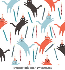 Patrón sin foco de gatos graciosos con velas divertidas de cumpleaños. Ilustración vectorial sobre fondo blanco. 