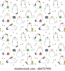 Seamless pattern with funny cats. Birthday party. Vector background.