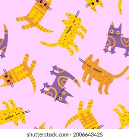 Seamless pattern with funny cats. Bright cartoon kittens, striped, spotted, with a rainbow pattern. Hand drawn colored trendy Vector illustration. Funny characters. Cartoon style.