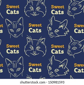 Seamless pattern with funny cats and calligraphy