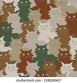 Seamless pattern with funny cats in camouflage colors