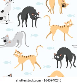 Seamless pattern with funny cats. The cat is yawning. The cat heaved up. The cat is stretching. Illustration with cartoon cats for fabric, wallpaper, wrapping paper, cards, sites.