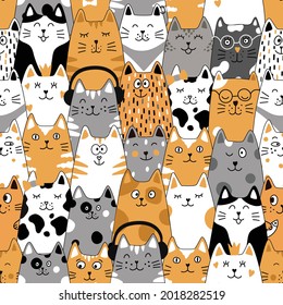 Seamless pattern with funny cats, cat food and fish on a white background.