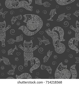 Seamless pattern with funny cats contour, balls and fishes, a light outline on a dark background