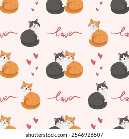 Seamless pattern of funny cats couple in love.  Sweet animals and hearts.Vector illustration 