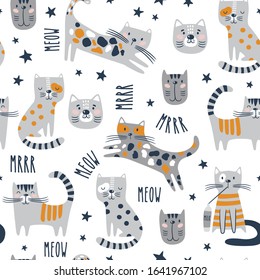 Patrón sin inconvenientes con gatos graciosos. Textura infantil creativa al estilo escandinavo. Excelente para tela, vectores textiles Ilustración
