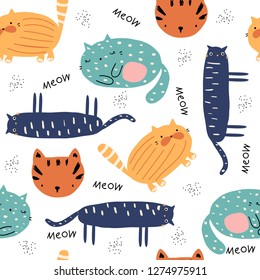 Seamless pattern with funny cats. Cute kids print. Vector hand drawn illustration.