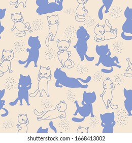 Seamless pattern with funny cats. Cute hand- drawn elements. Vector illustration. For your design, textiles , etc