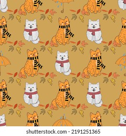 Seamless pattern with funny cats. Cute cat. Playful and cheerful kitten. Flat illustration, doodle, vector.
