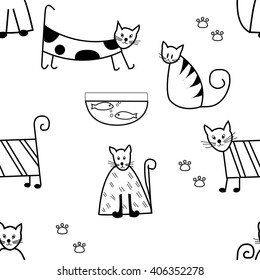Seamless pattern of funny cats ,cute black and white cat design backgrounds, paper, envelopes, postcards, cards and leaflets