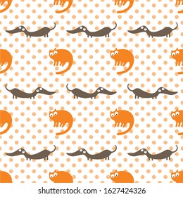  Seamless pattern with funny cats and dogs. Wallpaper and fabric design.