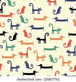 Seamless pattern with funny cats and dogs. vector illustration with dachshunds and kitty. Cartoon background with funny pets.