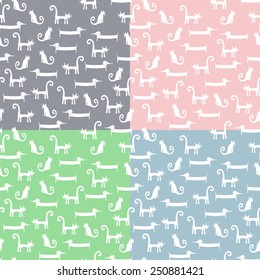 Seamless pattern with funny cats and dogs. vector illustration with white pets. Cute baby shower cartoon background.
