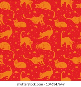 Seamless pattern funny cats in everyday poses, playing in the red space among the stars, vector illustration