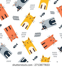 Patrón sin fisuras con gatos divertidos. Ideal para tela, textil, envoltura, cubierta de libro, Fondo de pantalla. Ilustración vectorial