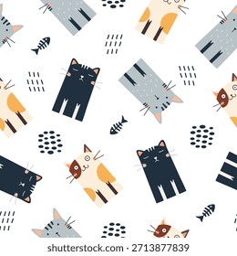 Patrón sin fisuras con gatos divertidos. Ideal para tela, textil, envoltura, cubierta de libro, Fondo de pantalla. Ilustración vectorial