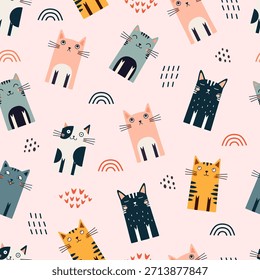 Patrón sin fisuras con gatos divertidos. Ideal para tela, textil, envoltura, cubierta de libro, Fondo de pantalla. Ilustración vectorial