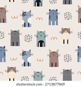 Patrón sin fisuras con gatos divertidos. Ideal para tela, textil, envoltura, cubierta de libro, Fondo de pantalla. Ilustración vectorial