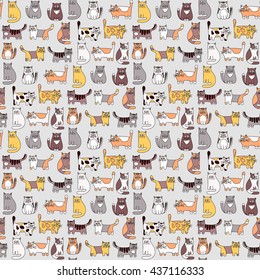 Seamless pattern with funny cats. Hand drawn doodle cute cats, natural color. Colorful background for kids. Grey, white, yellow, orange and brawn animals.